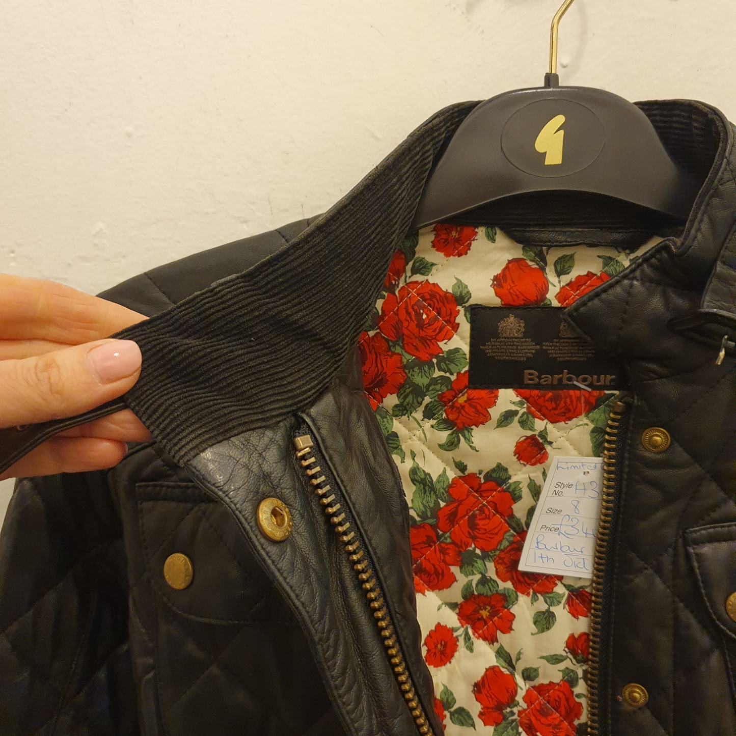 Barbour 'limited edition' black leather quilted jacket, with Liberty London lining, size 8