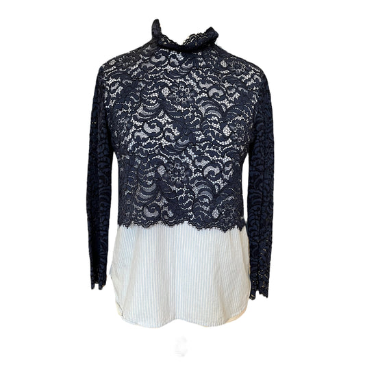 Sandro Blue Shirt with Navy Lace Overlay