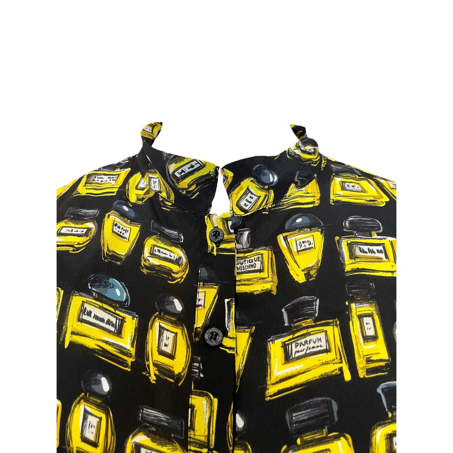 NEW Boutique Moschino Black and Yellow Perfume Bottle Blouse